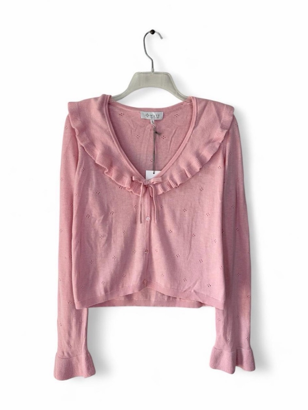WAYF Pink Ruffle Collar Pointelle Bow Cardigan Sweater Cottagecore Romantic
